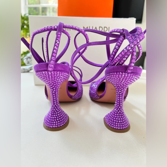 Amina Muaddi Karma Embellished Suede Crystal Embellished Lace Up Pumps Violet - Picture 9 of 9